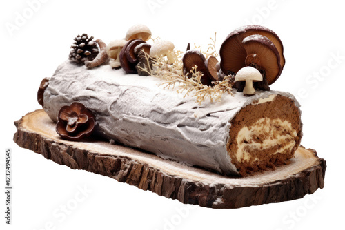 Traditional Yule log cake presentation, chocolate frosting textured to look like bark, small edible mushrooms and powdered sugar snow, realistic festive design. photo