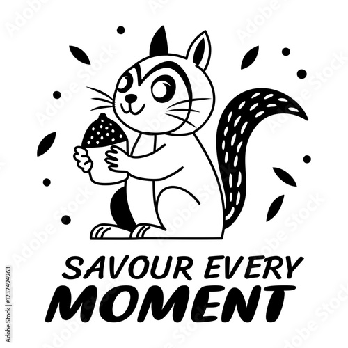 Squirrel eating acorn typographic sticker in glyph style 

