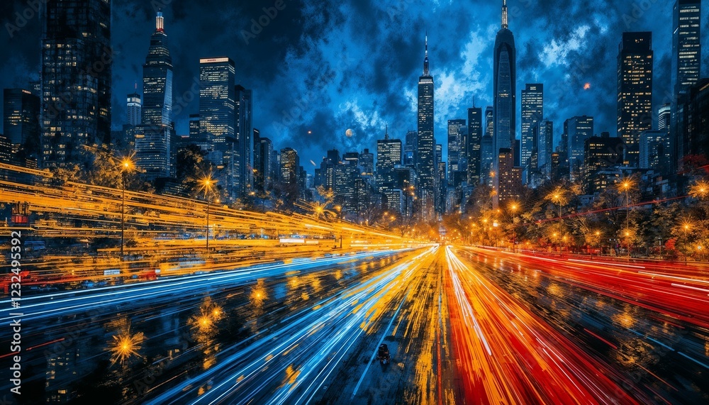 Dynamic city nightscape with light trails and skyscrapers against a dramatic sky Dynamic city nightscape with light trails and skyscrapers against a dramatic sky