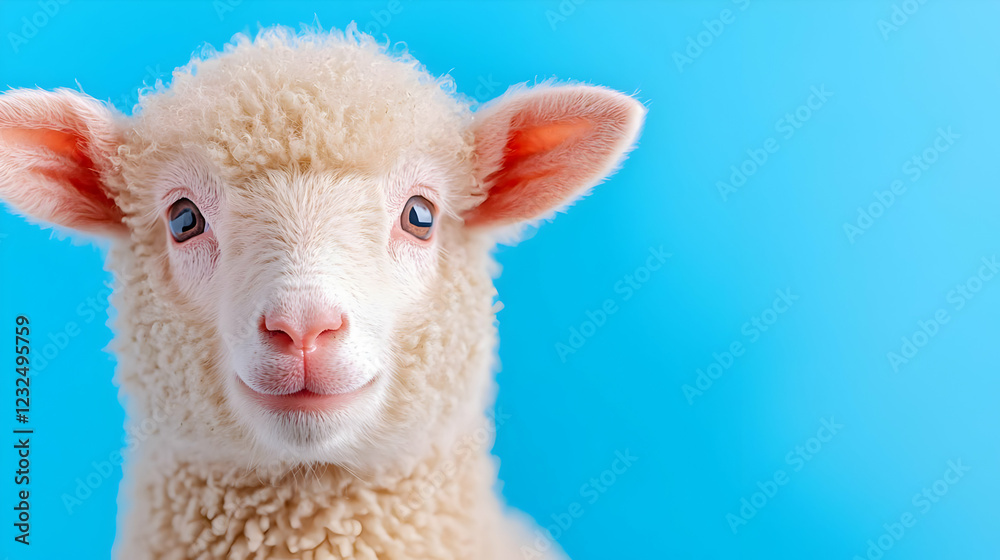Cute lamb portrait, blue background, spring farm