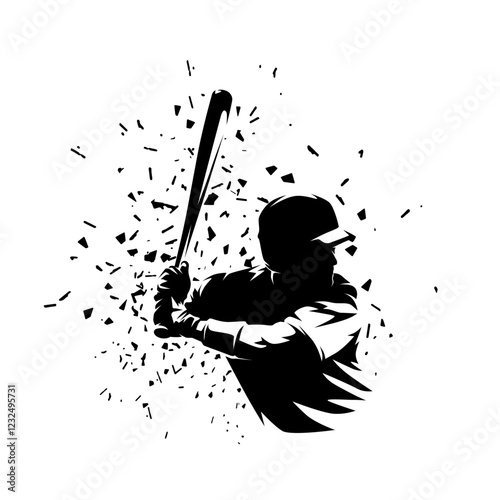 Baseball player, batter, isolated vector silhouette with distortion effect. Team sport athlete, baseball clip art