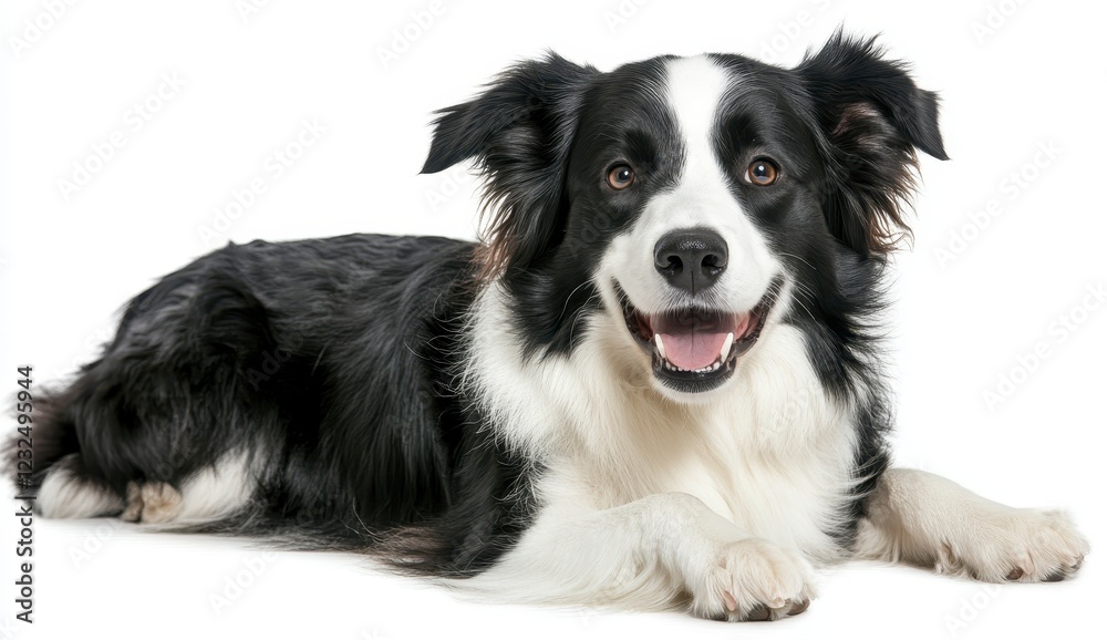 Fototapeta premium Happy black and white Border Collie dog lying on a white background, looking directly at the camera. The dog has a friendly expression and fluffy