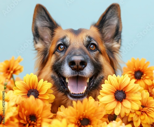 Wallpaper Mural Happy German shepherd dog surrounded by vibrant orange flowers, light blue background. Close up portrait, joyful expression Torontodigital.ca