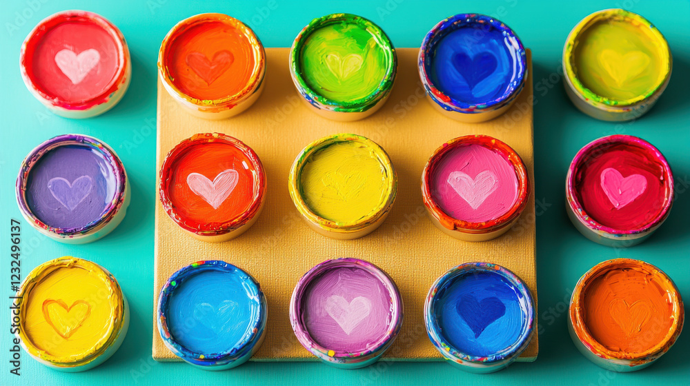 Colorful paint jars with heart designs arranged on canvas against teal background Colorful paint jars with heart designs arranged on canvas against teal background