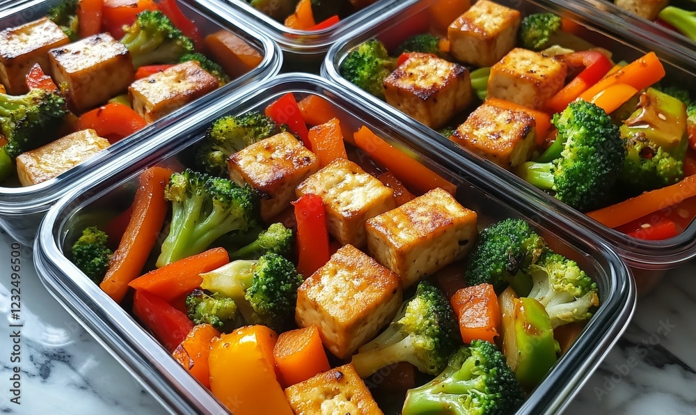 Four meal prep containers of tofu and vegetables. Four meal prep containers of tofu and vegetables.