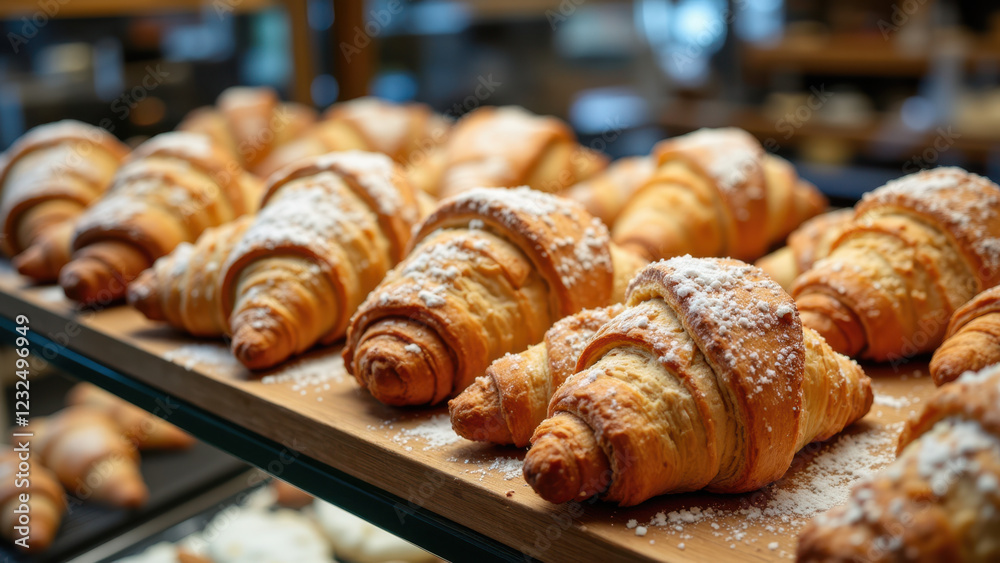 Flaky golden croissants dusted with powdered sugar on a wooden tray. Flaky golden croissants dusted with powdered sugar on a wooden tray.