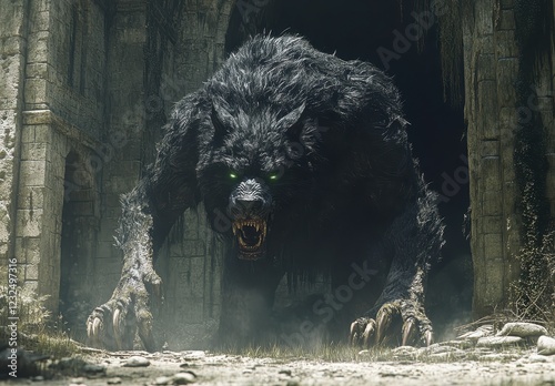 Dark, monstrous wolf like creature emerges from stone ruins, illuminated by dim light. Gritty texture, ominous atmosphere photo