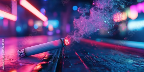 Cigarette smoldering on bar, neon lights, night
