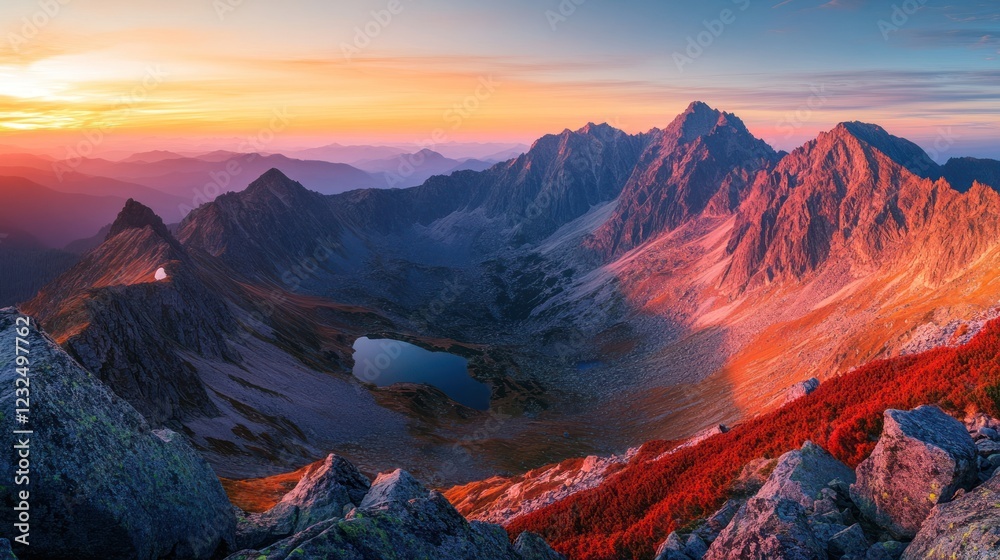 Obraz premium Majestic Sunset over Mountain Lake in Autumn