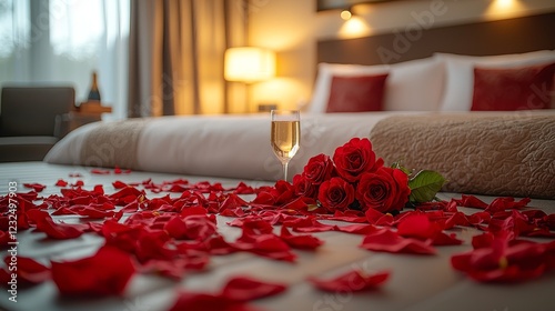In the cozy bed of a luxurious romantic hotel room, champagne, fresh flowers, and scattered rose petals create a romantic ambiance for a special occasion or intimate getaway