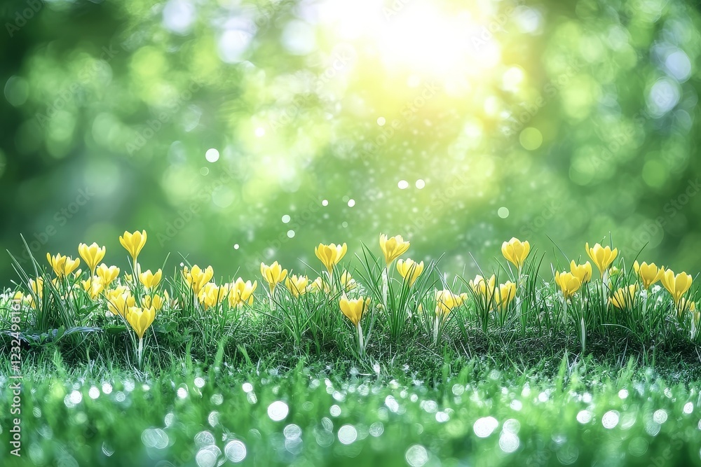 Yellow crocuses blooming in the grass with blurred background, macro close-up shot of flowers, bokeh effect, depth of field, spring landscape with soft sunlight and blurred meadow. Yellow crocuses blooming in the grass with blurred background, macro close-up shot of flowers, bokeh effect, depth of field, spring landscape with soft sunlight and blurred meadow.