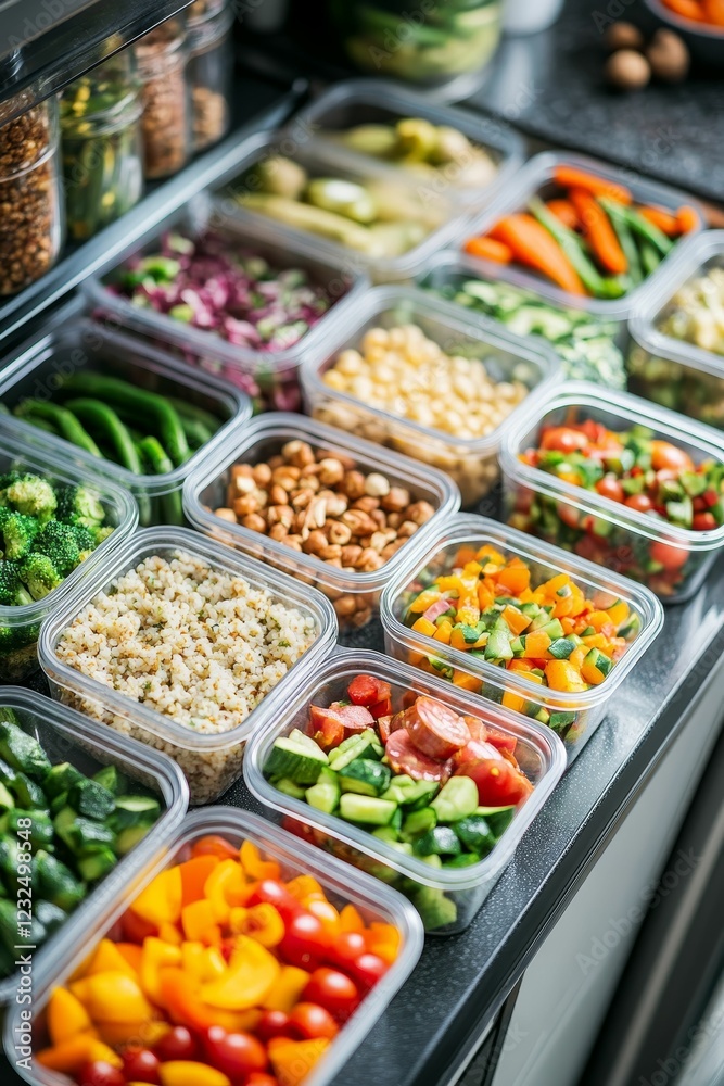 Prepared food in containers, organized on countertop. Prepared food in containers, organized on countertop.