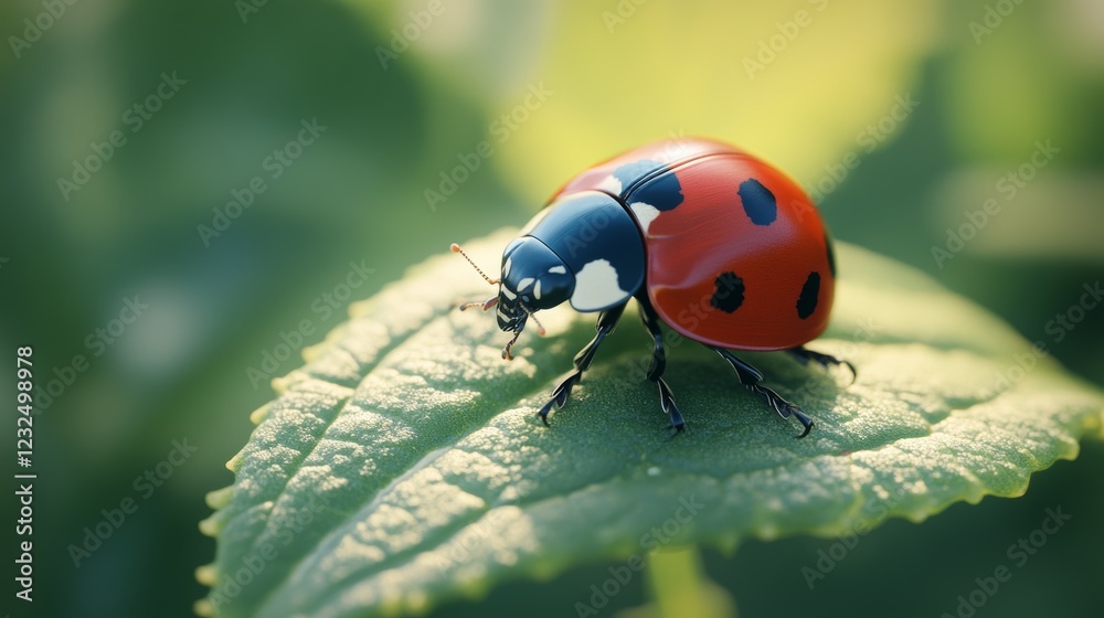 Obraz premium A close-up of a ladybug on a leaf with a blurry background, showcasing the intricate details of the bug and the natural beauty of its surroundings.