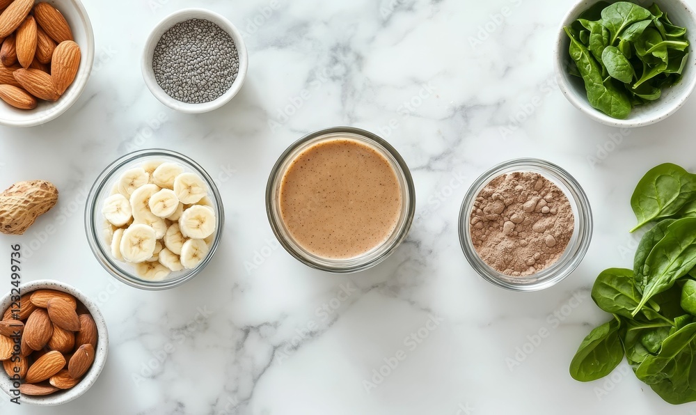 Bowls of smoothie ingredients on marble surface. Bowls of smoothie ingredients on marble surface.