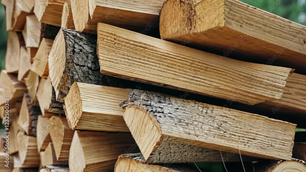 Stacks of neatly organized firewood rest among trees, preparing for colder months and creating a peaceful woodland atmosphere Stacks of neatly organized firewood rest among trees, preparing for colder months and creating a peaceful woodland atmosphere