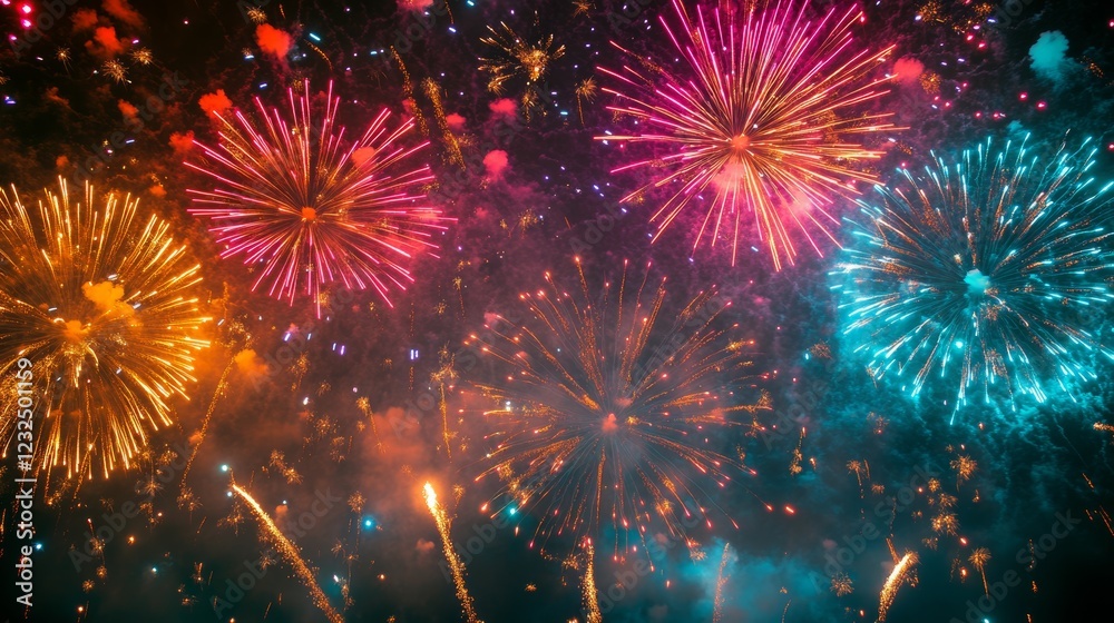 Fototapeta premium Colorful fireworks create a beautiful pattern in the sky, perfect for a festive event or celebration.