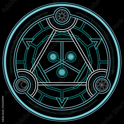 light blue magic incantation circle and triangle with fantasy alphabets spell (named Fotonth) and symbol of sun moon star on black background
