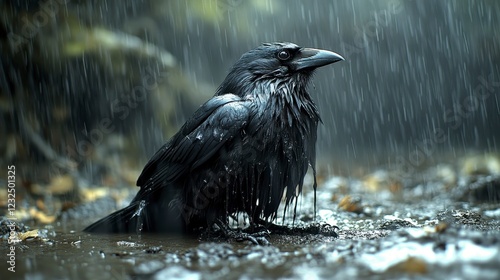 A wet black crow sits in a muddy puddle during a heavy rainstorm. The rain creates a dramatic atmosphere, highlighting the bird's sleek, dark