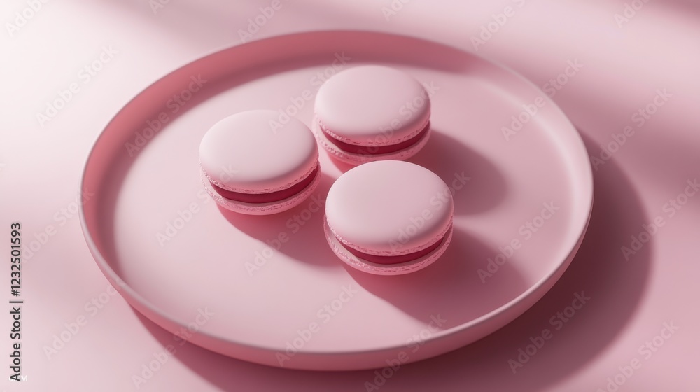 Pink macarons filled with beet and lemon cream, served on a pink plate. Monochrome, paper backgrounds, minimalism Pink macarons filled with beet and lemon cream, served on a pink plate. Monochrome, paper backgrounds, minimalism