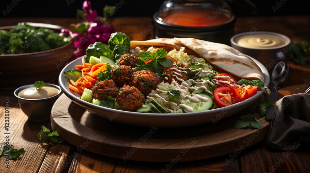 close up view of falafel with vegetables and sauce on pita on wooden table, panoramic shot HD 8K wallpaper Photographic Image close up view of falafel with vegetables and sauce on pita on wooden table, panoramic shot HD 8K wallpaper Photographic Image