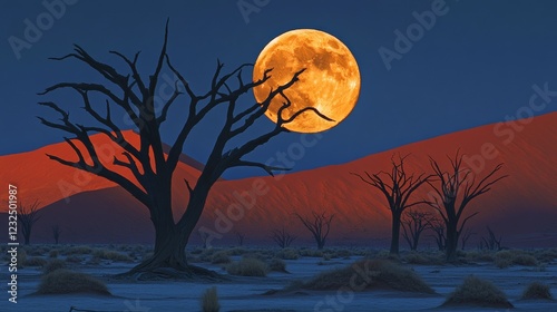 Dry trees stand out against the full moon in the Sossusvlei region of Namibia's Namib desert.