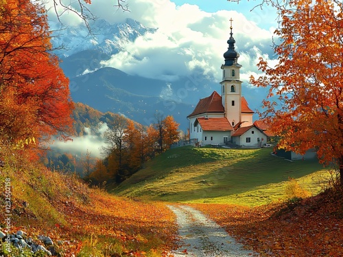 Slovenia, Church of St Primoz near Jamnik at sunset photo