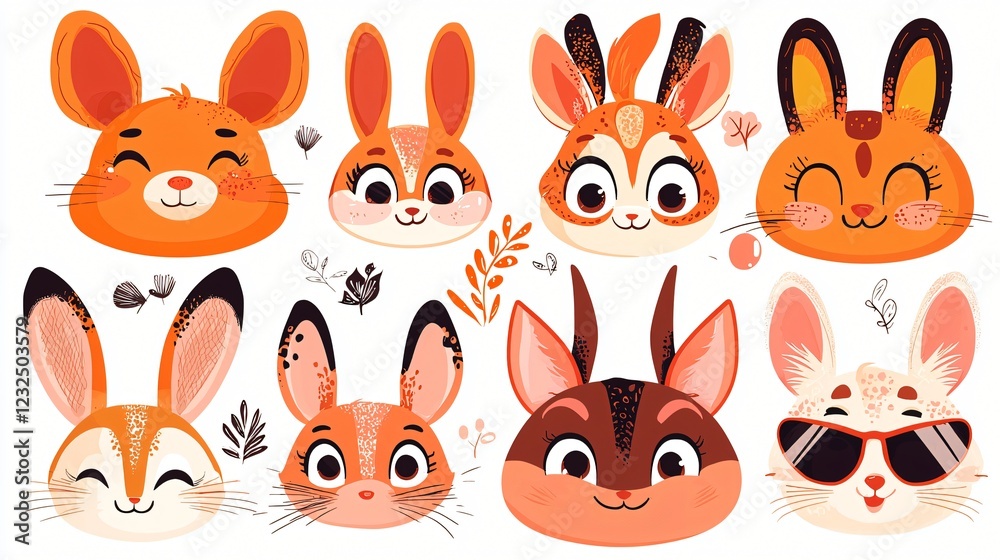 Fototapeta premium Cute cartoon bunny and deer faces; spring background; kids' book illustration