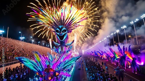 A breathtaking aerial view capturing the vibrant energy of Rio de Janeiro's Carnival at night.