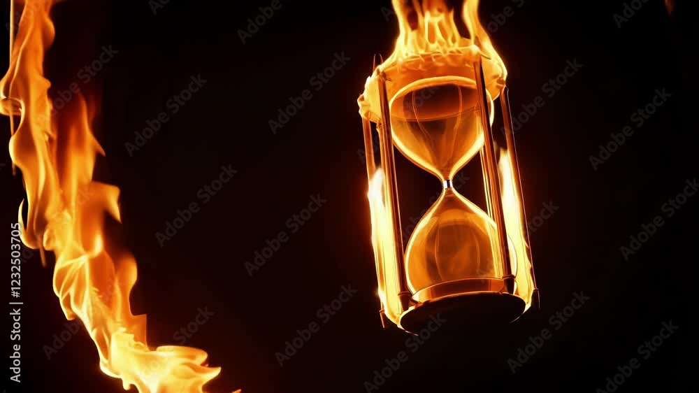 Fiery flames consuming delicate hourglass, rapidly burning against stark black background, symbolizing relentless time passage and transient human existence