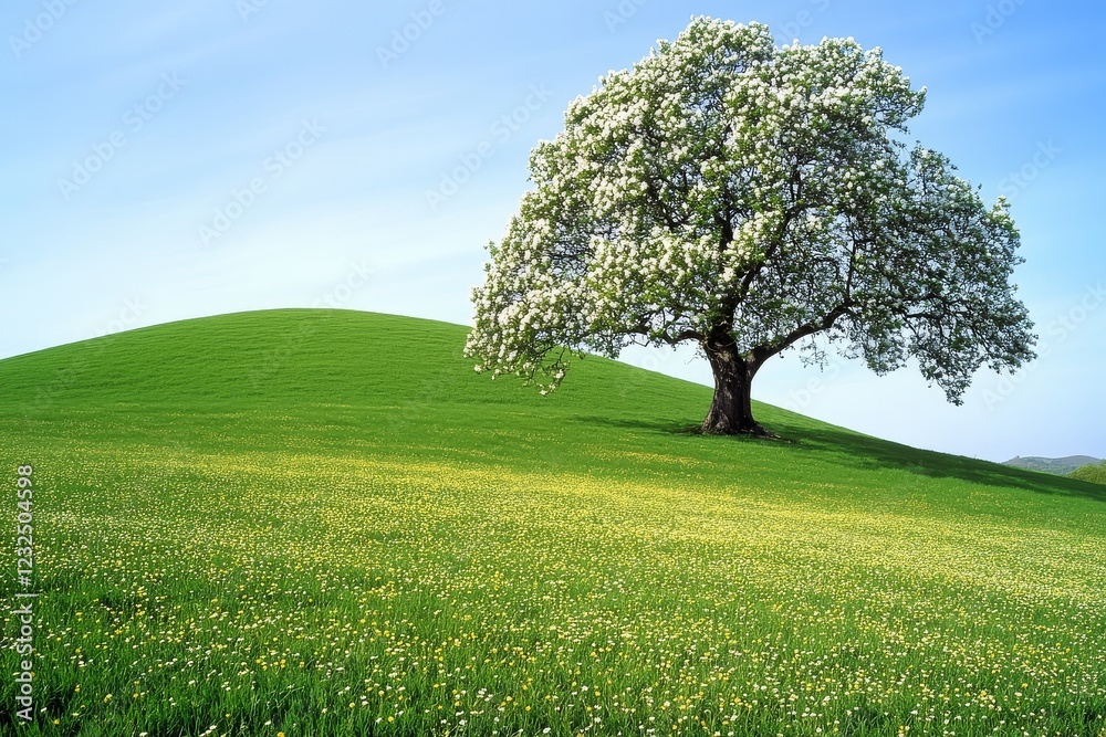 Blooming apple tree with white blossoms on a green orchard hillside, vibrant fresh greens and blue sky creating a picturesque spring scene. Blooming apple tree with white blossoms on a green orchard hillside, vibrant fresh greens and blue sky creating a picturesque spring scene.