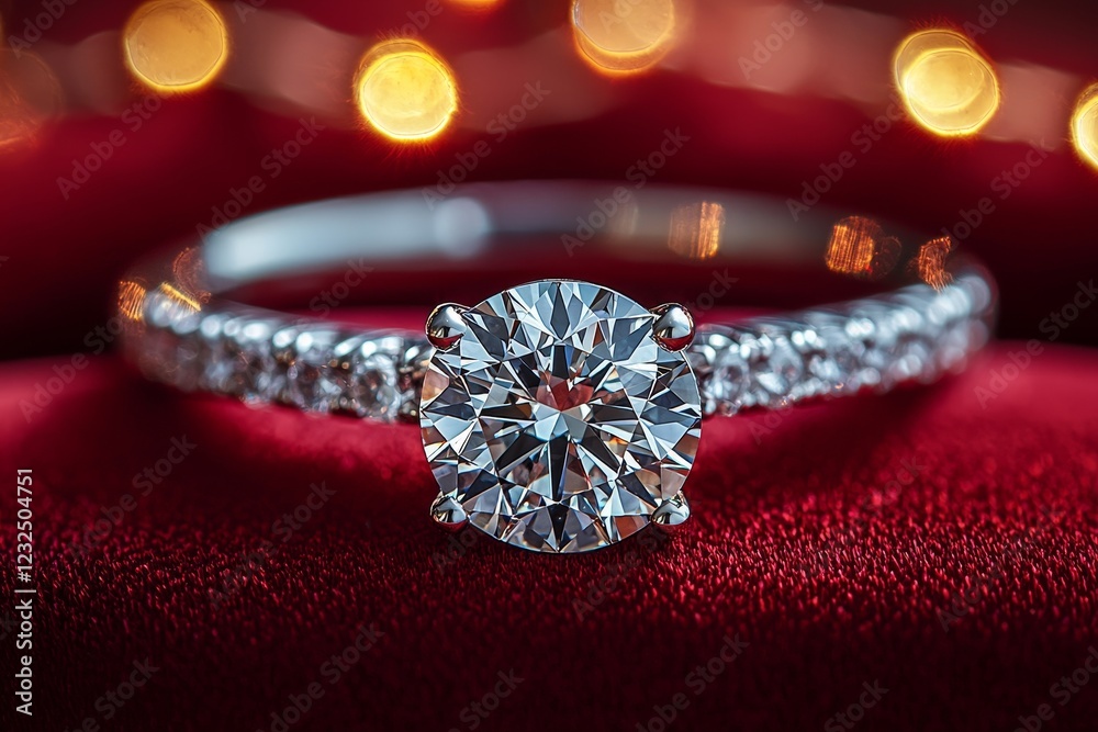 An elegant diamond ring nestled in a velvet box atop a red fabric elegantly presents a romantic gift for an engagement or special occasion An elegant diamond ring nestled in a velvet box atop a red fabric elegantly presents a romantic gift for an engagement or special occasion