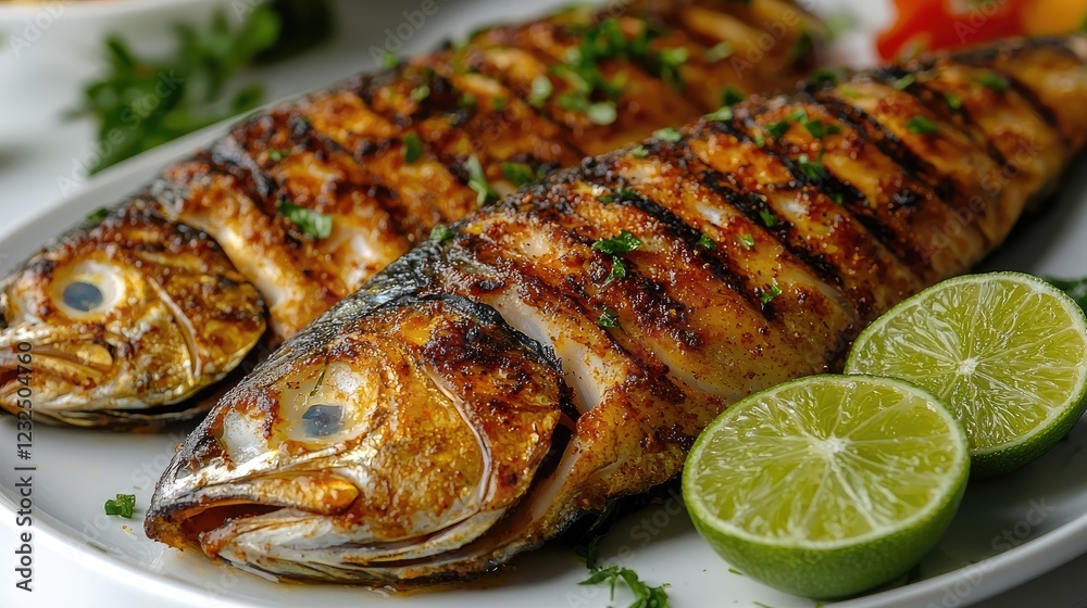 Grilled fish served on a white plate with fresh lime and herbs, showcasing a vibrant culinary presentation Grilled fish served on a white plate with fresh lime and herbs, showcasing a vibrant culinary presentation