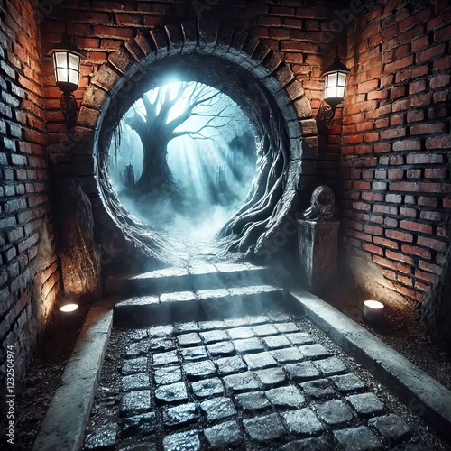 Haunted House Entrance Eerie light spills from the hole with bri