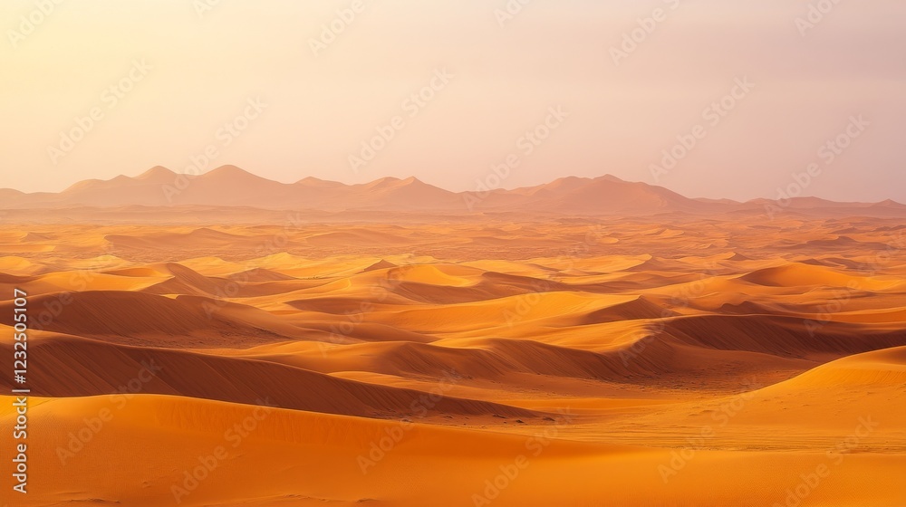Naklejka premium Vast, golden dunes stretch across the barren Sahara. The scorching heat and howling wind whip up blinding sandstorms, creating a surreal and unforgiving landscape.