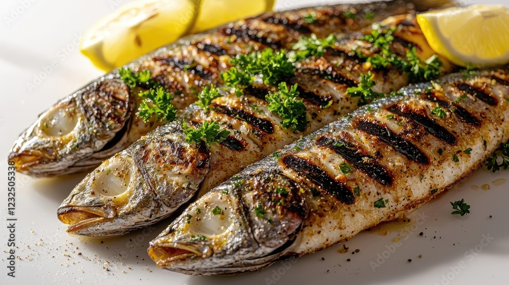 Grilled fish garnished with parsley and lemon slices on a white plate, showcasing culinary art Grilled fish garnished with parsley and lemon slices on a white plate, showcasing culinary art