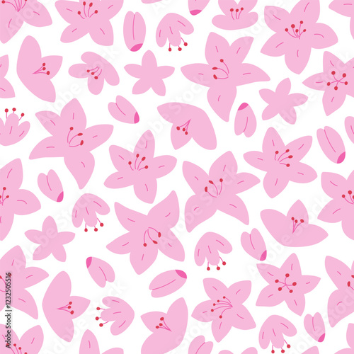 Seamless pattern with elegant azalea flowers. Floral vector flat hand drawn background for textile design, scrapbooking, wrapping paper, etc.