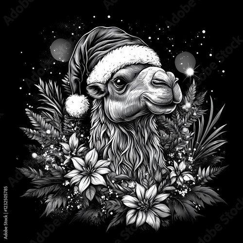 Festive camel wearing a Santa hat and flowers.