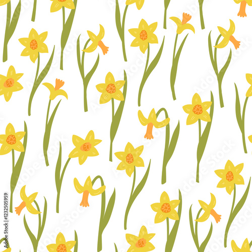 Seamless pattern with elegant yellow narcissus flowers. Floral vector flat hand drawn background for textile design, scrapbooking, wrapping paper, etc.