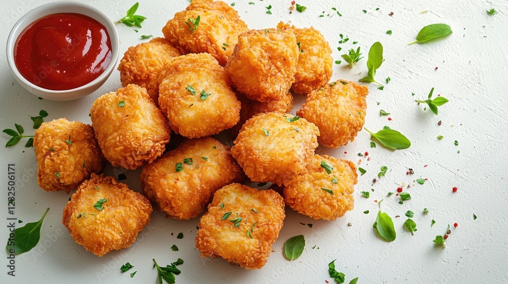 Golden crispy fried nuggets served with a side of tangy ketchup on a white background Golden crispy fried nuggets served with a side of tangy ketchup on a white background