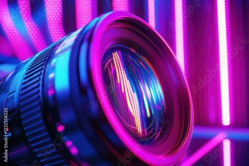 Close-up camera lens, vibrant neon lights, technology background, website banner