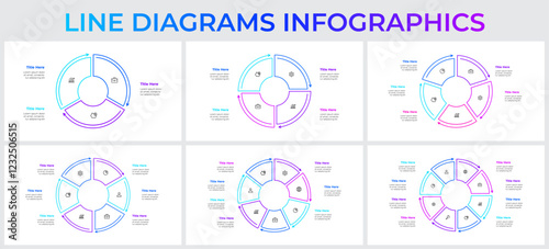 Line diagrams infographic templates showcasing circular data layouts for professional business presentations or educational purposes. Set with 3, 4, 5, 6, 7 and 8 options, steps or processes
