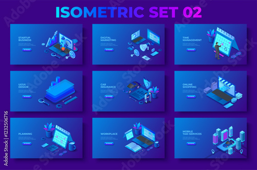 Dark isometric 3d bestsellers illustrations bundle. Time management, startup, digital marketing, car insurance, online shopping and mobile taxi services with characters