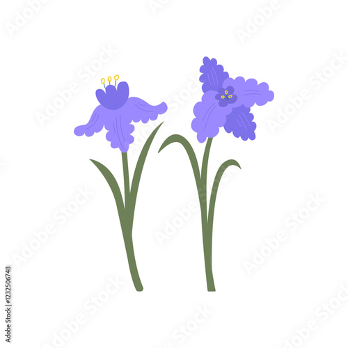 Purple iris flower with leaves. Vector flat illustration of floral bud on isolated background