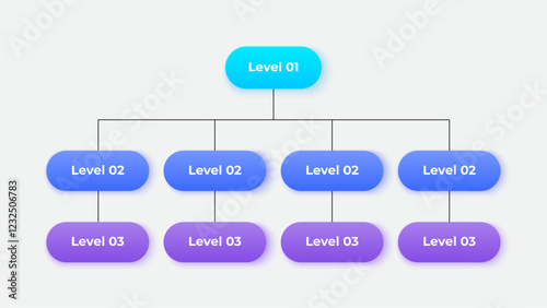 Vertical business organizational chart infographic with three hierarchical levels. The top-level connects to 8 subordinate nodes