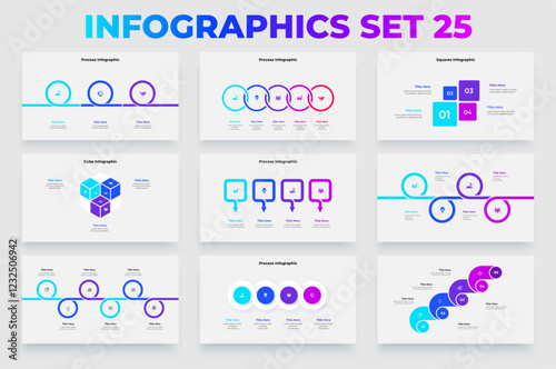 Set of infographic business process charts for presentations, data visualization, and corporate reports. Design concept with 3, 4, 5 and 6 options, parts, steps or processes