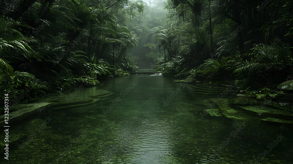 Obraz premium Tranquil jungle stream, misty rainforest, calm water, lush vegetation, nature background