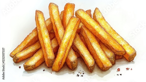 Crispy golden French fries stacked on a white plate with scattered salt in the background photo