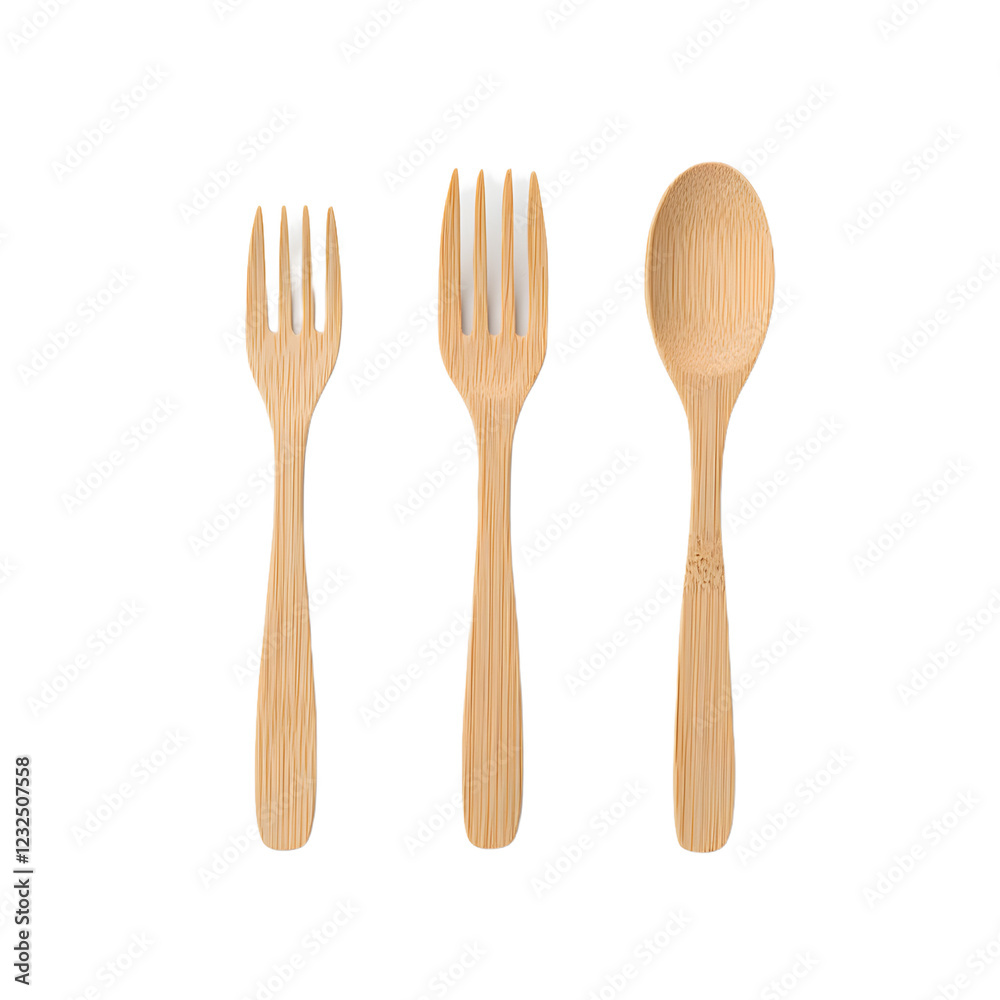 Eco-friendly bamboo cutlery set on a white background, highlighting a sustainable and stylish alternative to plastic, perfect for promoting an environmentally conscious lifestyle with natural material Eco-friendly bamboo cutlery set on a white background, highlighting a sustainable and stylish alternative to plastic, perfect for promoting an environmentally conscious lifestyle with natural material