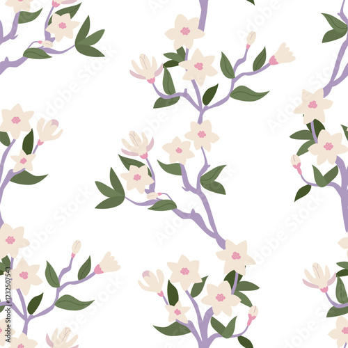 Seamless pattern with magnolia flower branches. Floral vector flat background. Elegant botanical backdrop for textile design, scrapbooking, wrapping paper, etc.