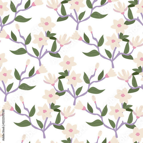 Seamless pattern with magnolia flower branches. Floral vector flat background. Elegant botanical backdrop for textile design, scrapbooking, wrapping paper, etc.